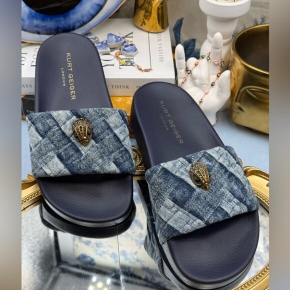 🆕 KURT GEIGER LONDON 🧿 NWOT Blue Denim Meena Eagle Slides, Sz EU 36.5 US 6.5 - Picture 4 of 14